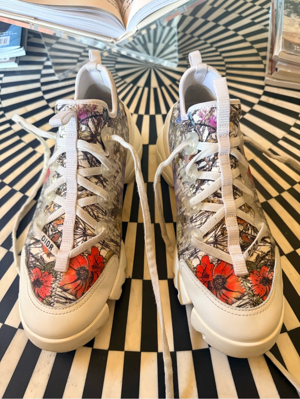 Dior Floral Print Chunky Sneakers in White and Red